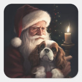 Cavalier King met Kerstman Feestelijke Kerstmis Vierkante Sticker (Voorkant)