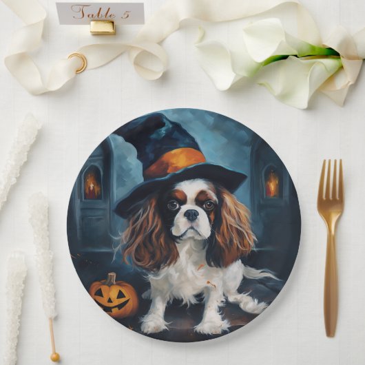 Cavalier King pompoenen Halloween eng Papieren Bordje (Huwelijk)