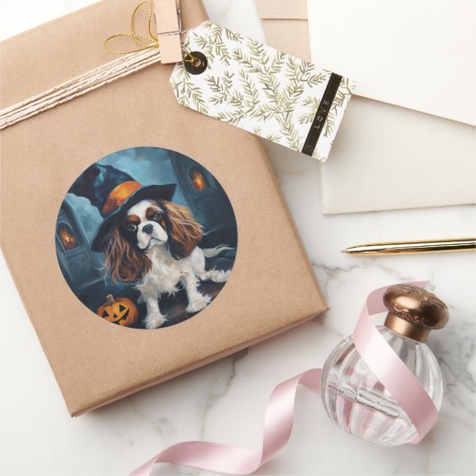 Cavalier King pompoenen Halloween eng Ronde Sticker (Geschenken)