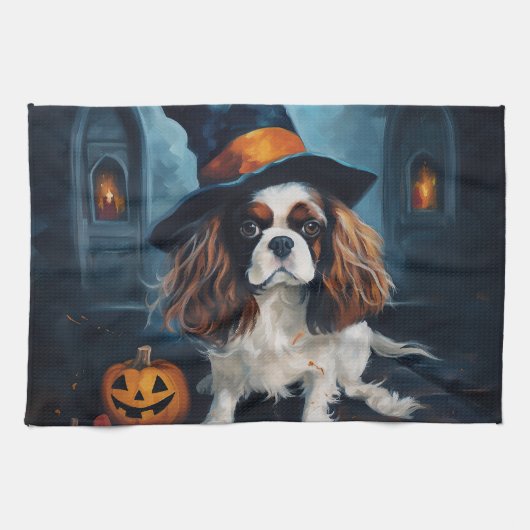 Cavalier King pompoenen Halloween eng Theedoek (Horizontaal)