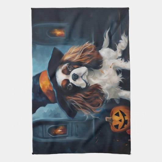 Cavalier King pompoenen Halloween eng Theedoek (Verticaal)