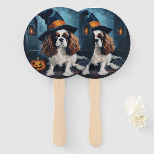 Cavalier King Pompoenen Halloween Griezelen Handwaaier (Voorkant en achterkant)