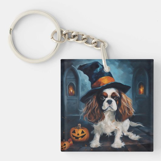 Cavalier King Pompoenen Halloween Griezelen Sleutelhanger (Voorkant)