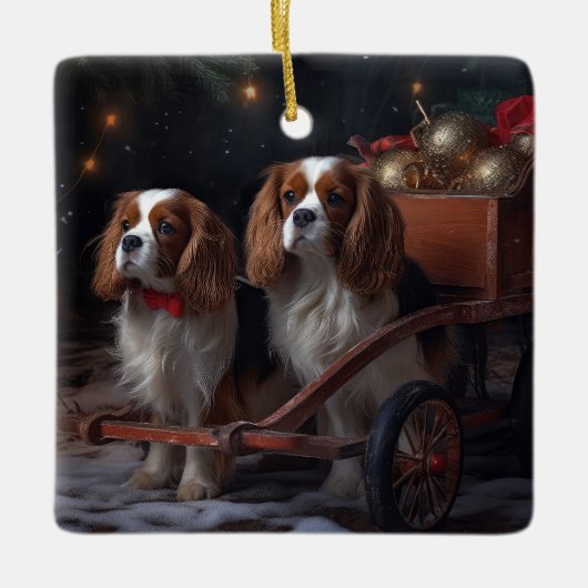 Cavalier King Sneeuwslee Kerstdecoratie Keramisch Ornament (Voorkant)