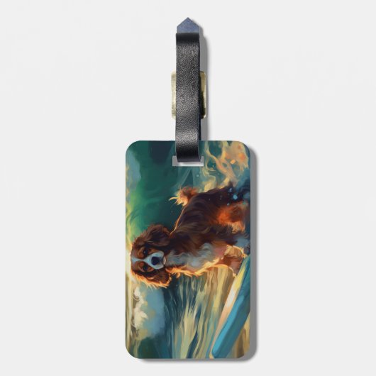 Cavalier King Strand Surfen Schilderij Bagagelabel (Achterkant verticaal)