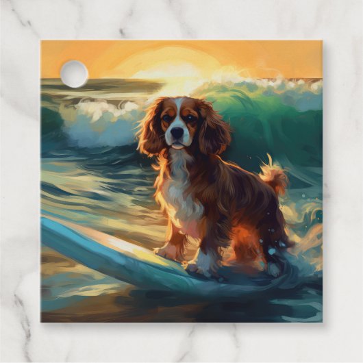 Cavalier King Strand Surfen Schilderij Bedankjes Labels (Voorkant)