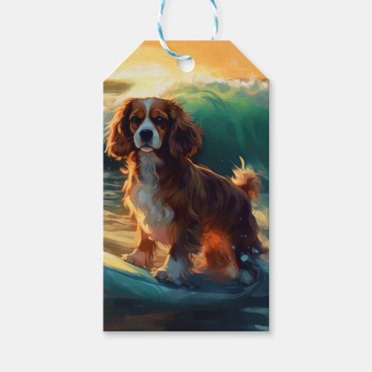 Cavalier King Strand Surfen Schilderij Cadeaulabel (Voorkant)
