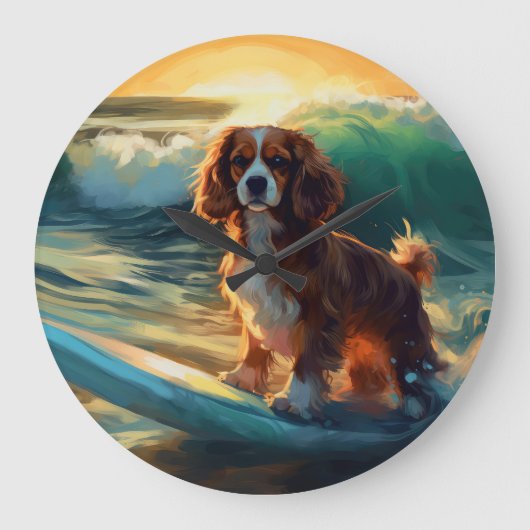 Cavalier King Strand Surfen Schilderij Grote Klok (Voorkant)