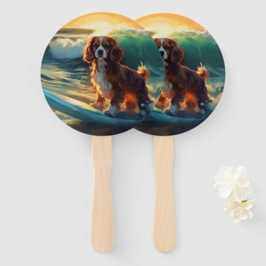 Cavalier King Strand Surfen Schilderij Handwaaier (Voorkant en achterkant)