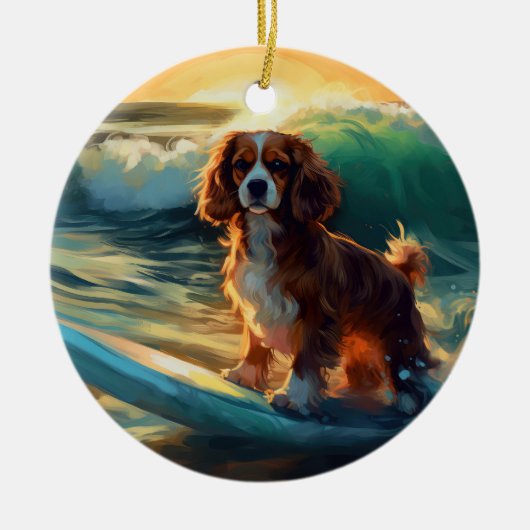 Cavalier King Strand Surfen Schilderij Keramisch Ornament (Voorkant)