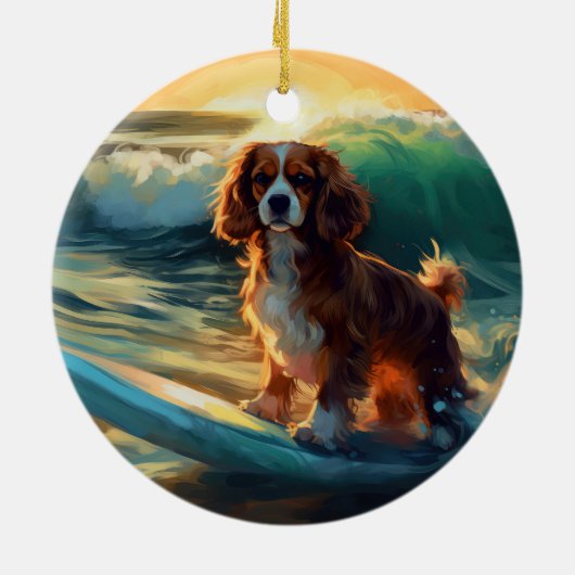 Cavalier King Strand Surfen Schilderij Keramisch Ornament (Achterkant)