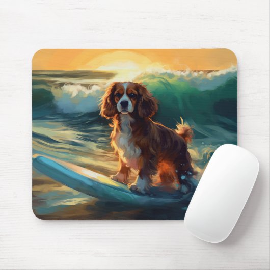 Cavalier King Strand Surfen Schilderij Muismat (Met muis)