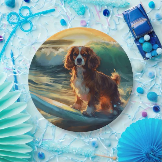 Cavalier King Strand Surfen Schilderij Papieren Bordje (Feest)