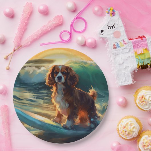 Cavalier King Strand Surfen Schilderij Papieren Bordje (Feest)