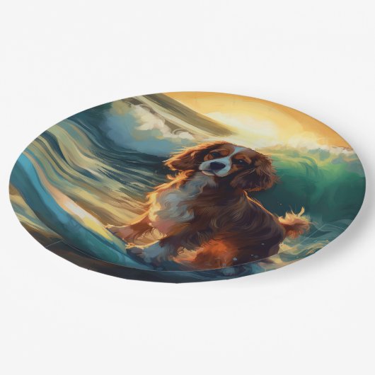Cavalier King Strand Surfen Schilderij Papieren Bordje (Gekanteld)