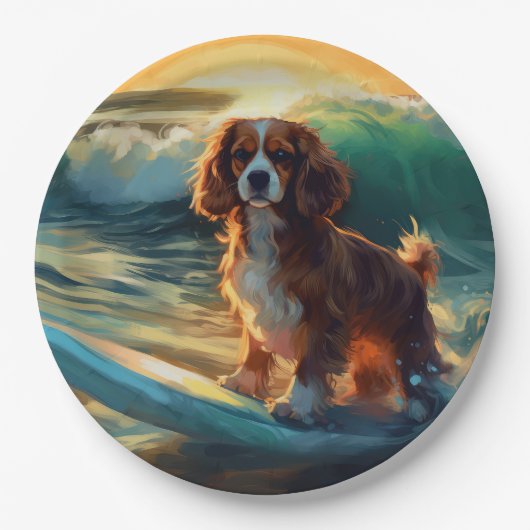 Cavalier King Strand Surfen Schilderij Papieren Bordje (Voorkant)
