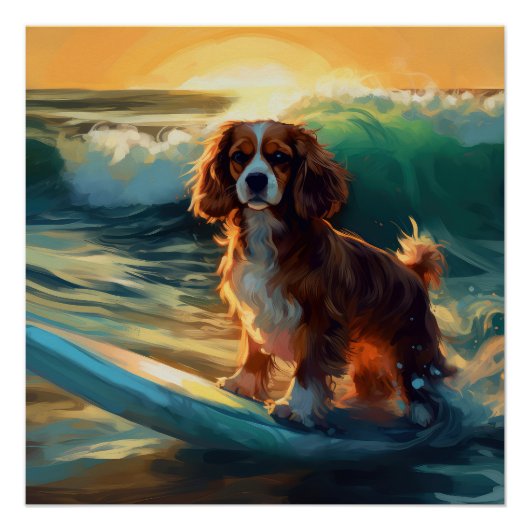 Cavalier King Strand Surfen Schilderij Perfect Poster (Voorkant)