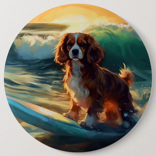 Cavalier King Strand Surfen Schilderij Ronde Button 6,0 Cm (Voorkant)