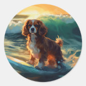 Cavalier King Strand Surfen Schilderij Ronde Sticker (Voorkant)