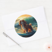 Cavalier King Strand Surfen Schilderij Ronde Sticker (Envelop)