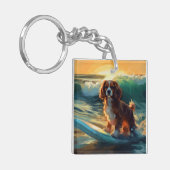Cavalier King Strand Surfen Schilderij Sleutelhanger (Voorkant Links)