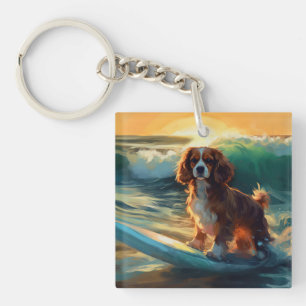 Cavalier King Strand Surfen Schilderij Sleutelhanger