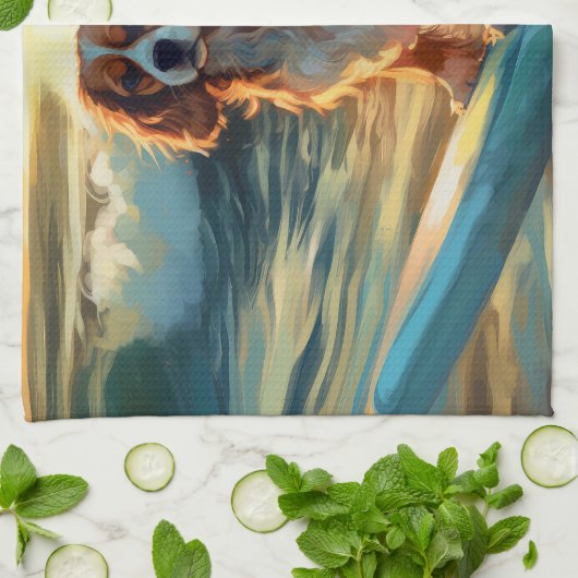 Cavalier King Strand Surfen Schilderij Theedoek (Gevouwen)