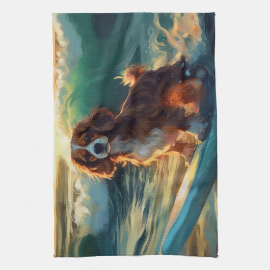 Cavalier King Strand Surfen Schilderij Theedoek (Verticaal)