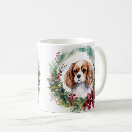 Cavalier Koning Kerstkrans Feestelijke Pup Koffiemok (Voorkant rechts)