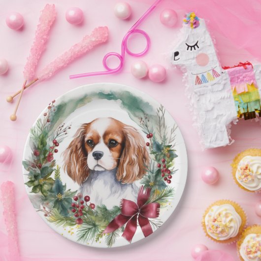 Cavalier Koning Kerstkrans Feestelijke Pup Papieren Bordje (Feest)