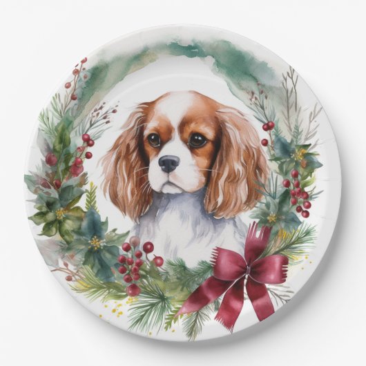 Cavalier Koning Kerstkrans Feestelijke Pup Papieren Bordje (Voorkant)