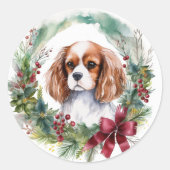Cavalier Koning Kerstkrans Feestelijke Pup Ronde Sticker (Voorkant)