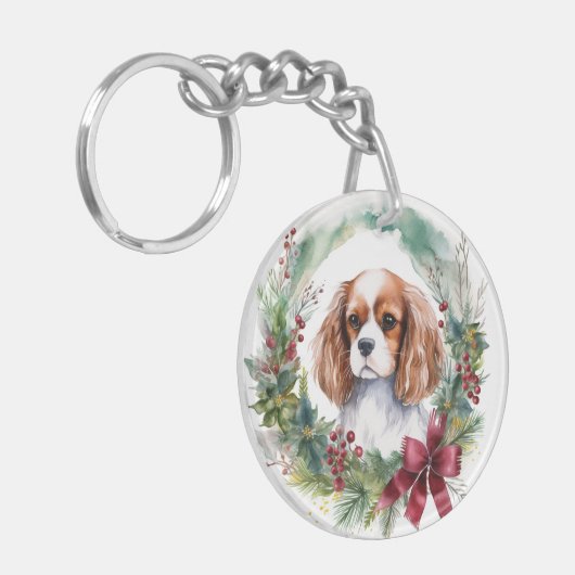 Cavalier Koning Kerstkrans Feestelijke Pup Sleutelhanger (Voorkant Links)