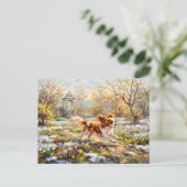 Cavalier Spaniel in bloeiende lentetuin Briefkaart (Staand voorkant)