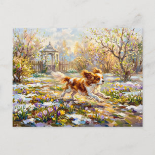 Cavalier Spaniel in bloeiende lentetuin Briefkaart
