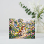 Cavalier Spaniel in zomertuin bij vijver Briefkaart (Staand voorkant)