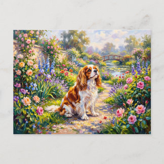 Cavalier Spaniel in zomertuin bij vijver Briefkaart