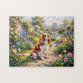 Cavalier Spaniel in zomertuin bij vijver Legpuzzel