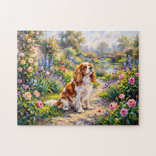 Cavalier Spaniel in zomertuin bij vijver Legpuzzel