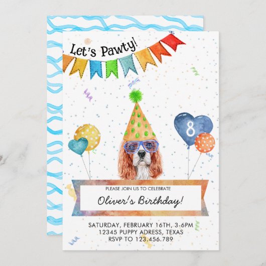 Cavalier Spaniel laat Pawty Dog Birthday party Kaart (Voorkant / Achterkant)