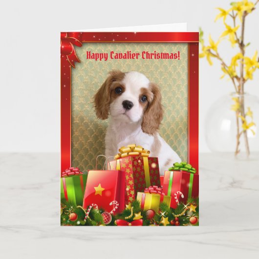 Cavalier Spaniel Puppy Christmas Kaart (Gele Bloem)