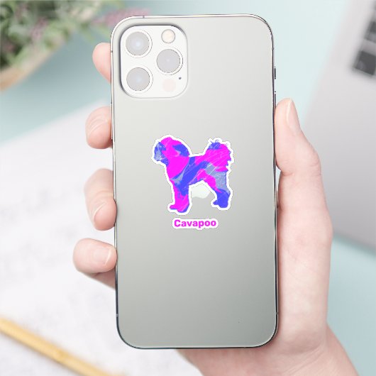 Cavapoo Dog Crazy Hot Pink & Blue Cut Sticker (Telefoon)