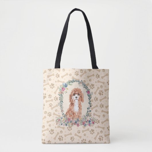 Cavapoo Dog Paw Print & Dog Bone Cute Tote Bag (Voorkant)