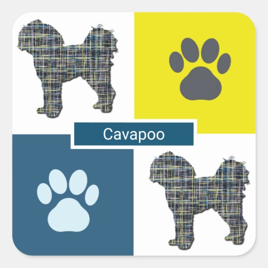 Cavapoo Dog Silhouette & Paw Y&B Grid Vierkante Sticker (Voorkant)