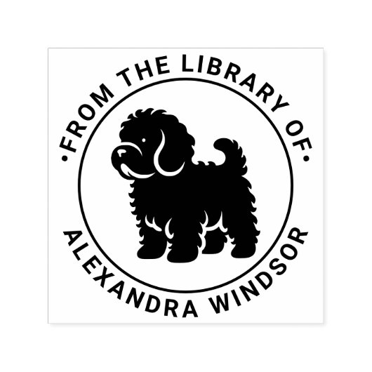 Cavapoo-hond staat Sil-bibliotheek Boeknaam Zelfinktende Stempel (Design)