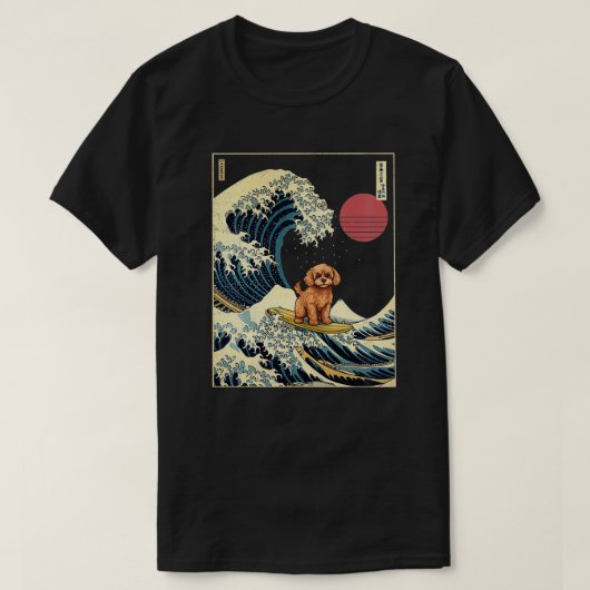 Cavapoo Japans Kanagawa Wave Funny Surf Dog T-shirt (Design voorkant)