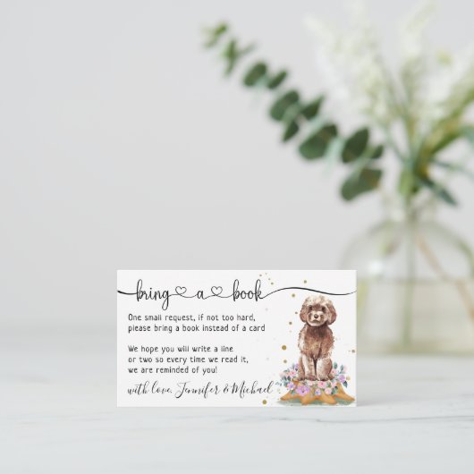 Cavapoo Poedel "Breng een boek" Baby shower Informatiekaartje (Staand voorkant)