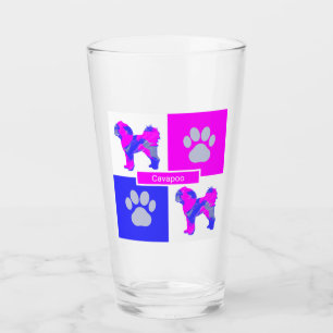 Cavapoo Silhouette Dog & Paw Pink and Blue Square Glas