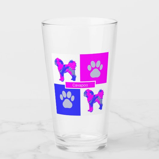 Cavapoo Silhouette Dog & Paw Pink and Blue Square Glas (Voorkant)