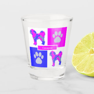 Cavapoo Silhouette Dog & Paw Pink and Blue Square Shot Glas
